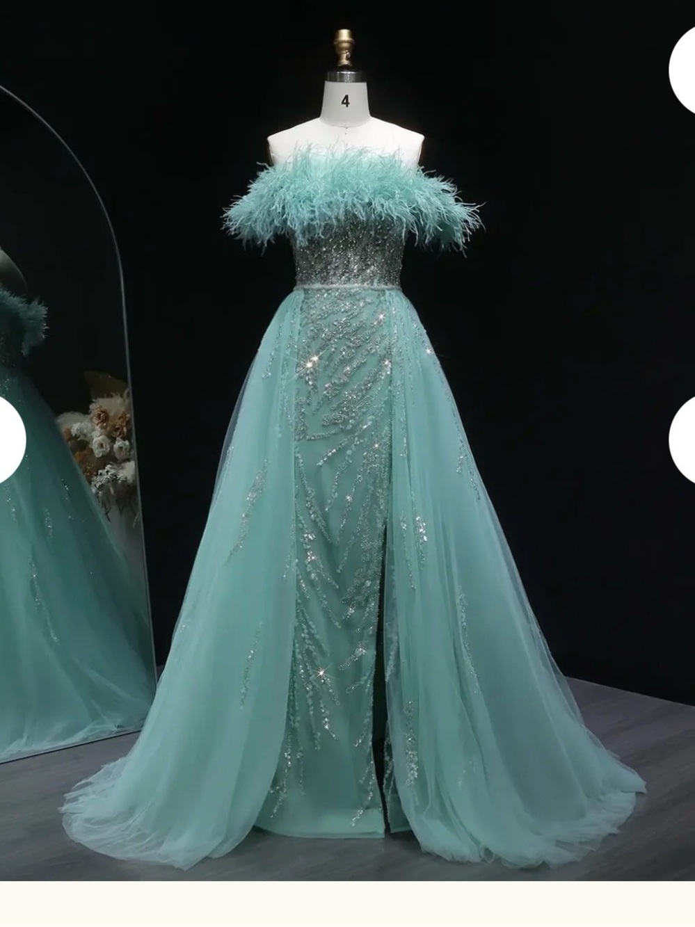 Sharon Said- SS52 

Off-shoulder  Feather-Trim Aqua Gown with Sequin
